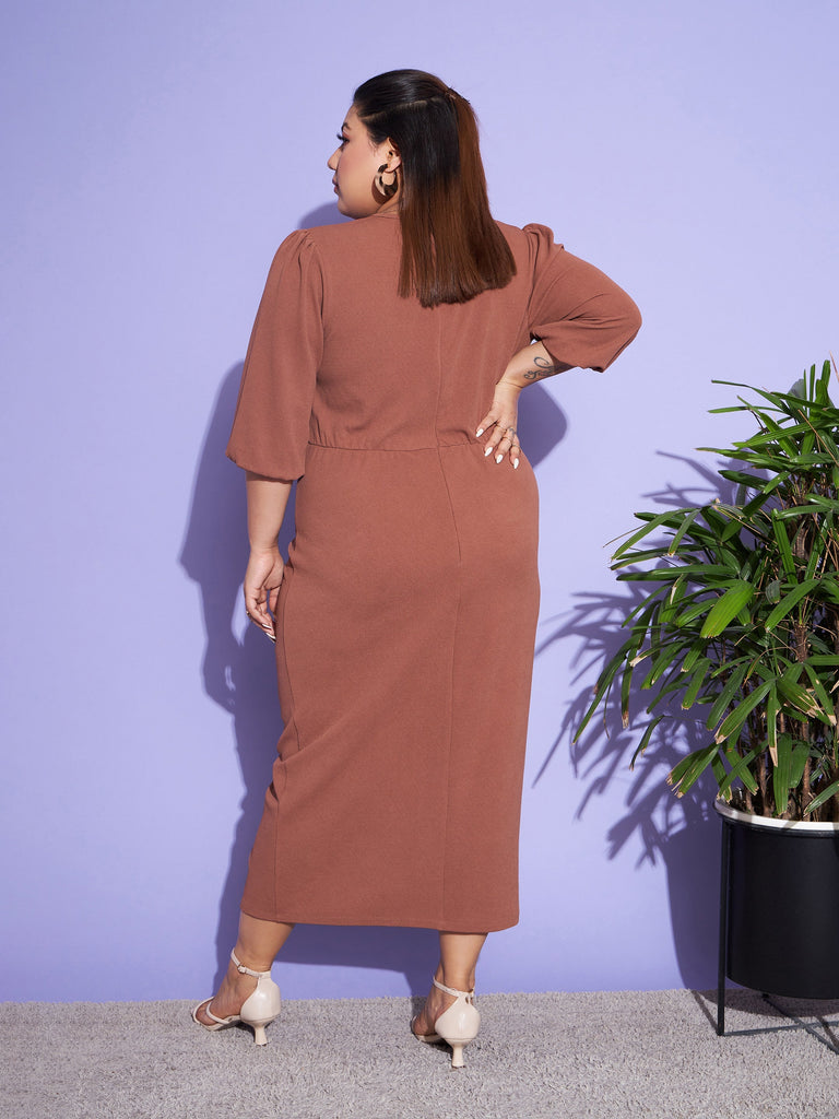 Women's Brown Solid Front Ruched Dress