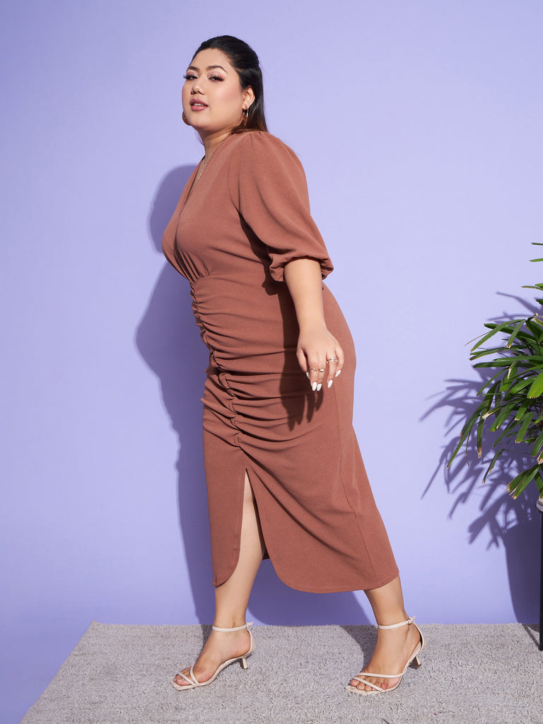 Women's Brown Solid Front Ruched Dress