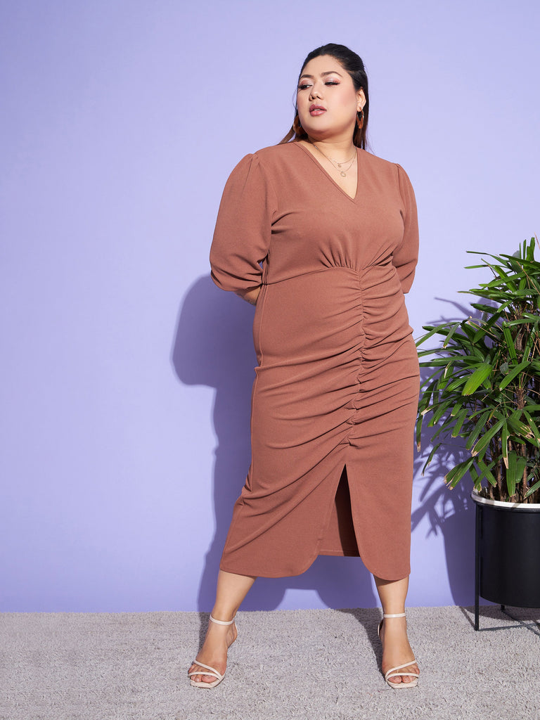 Women's Brown Solid Front Ruched Dress