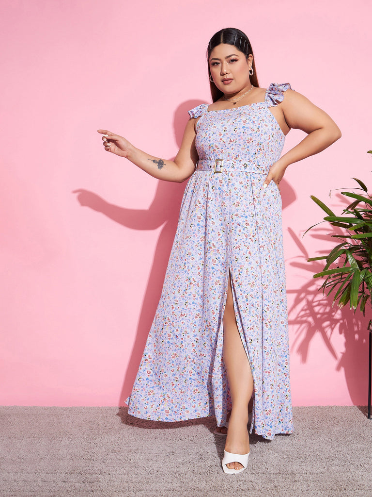Women's Blue Floral Front Slit Belted Maxi Dress