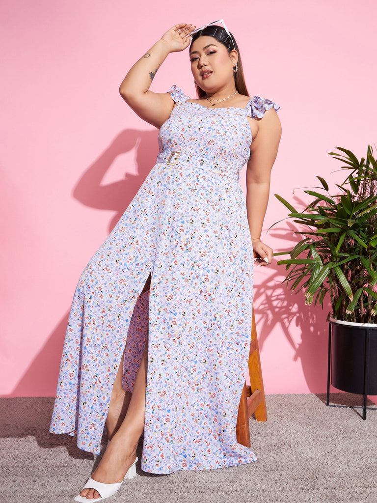 Women's Blue Floral Front Slit Belted Maxi Dress