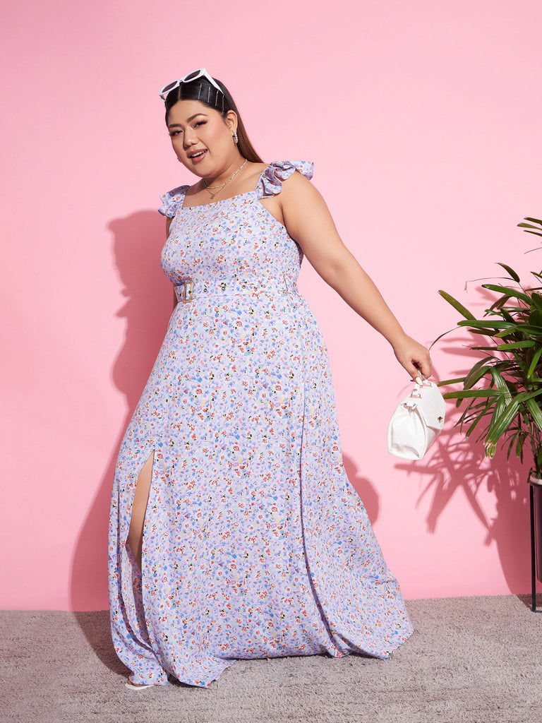 Women's Blue Floral Front Slit Belted Maxi Dress