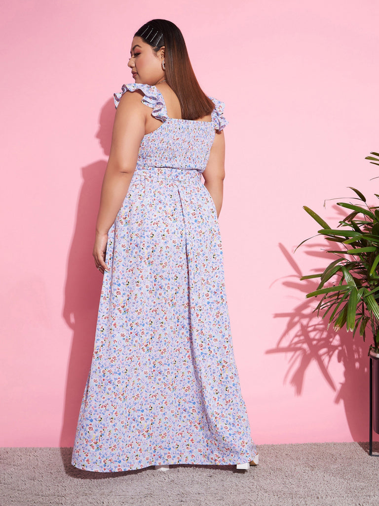 Women's Blue Floral Front Slit Belted Maxi Dress