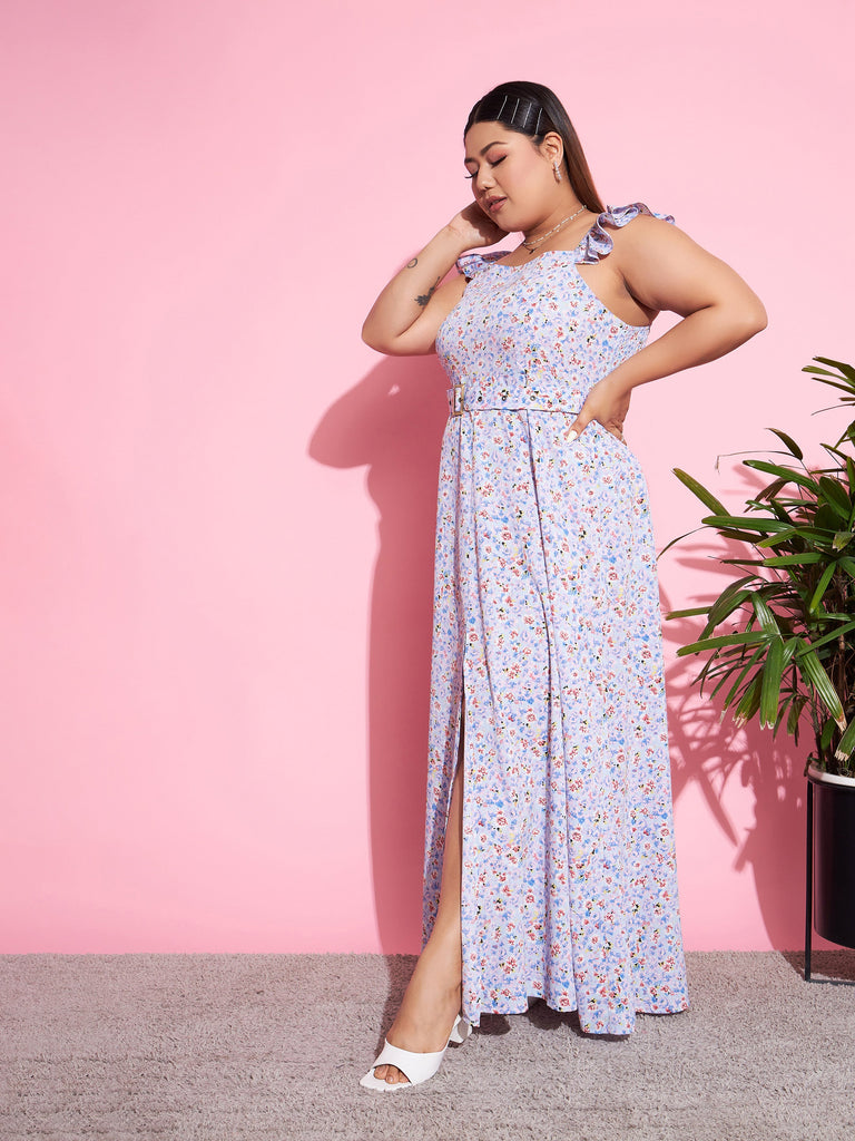 Women's Blue Floral Front Slit Belted Maxi Dress