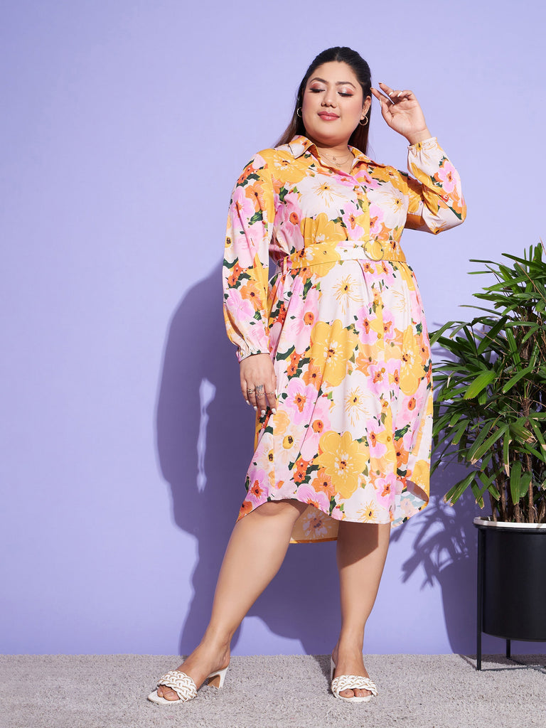 Women's Orange Floral Belted Shirt Dress