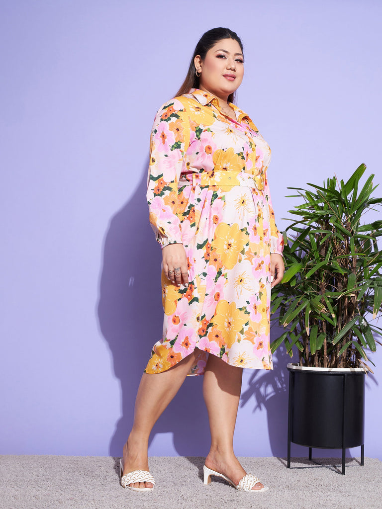 Women's Orange Floral Belted Shirt Dress