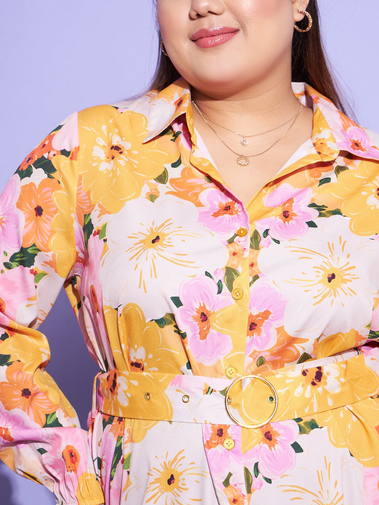 Women's Orange Floral Belted Shirt Dress