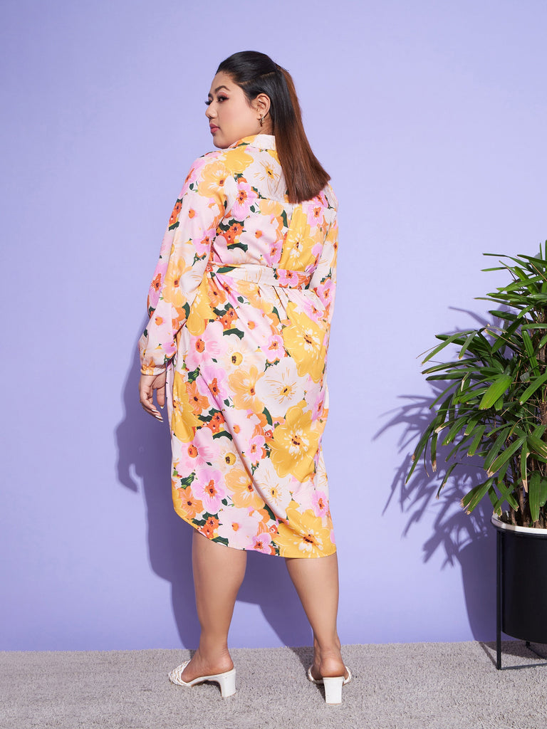 Women's Orange Floral Belted Shirt Dress