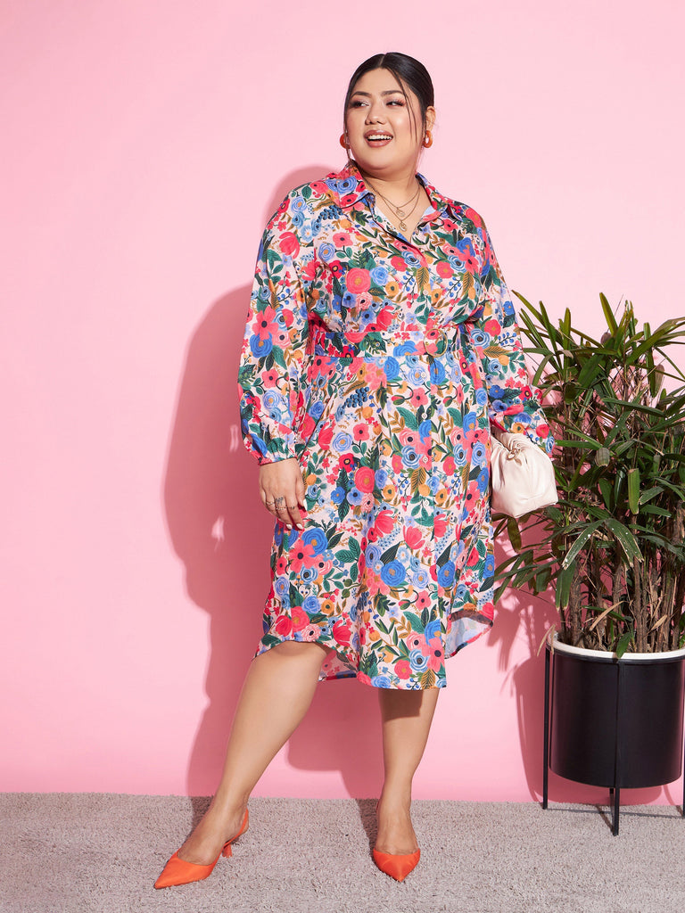Women's Multi Floral Self Fabric Belted Shirt Dress