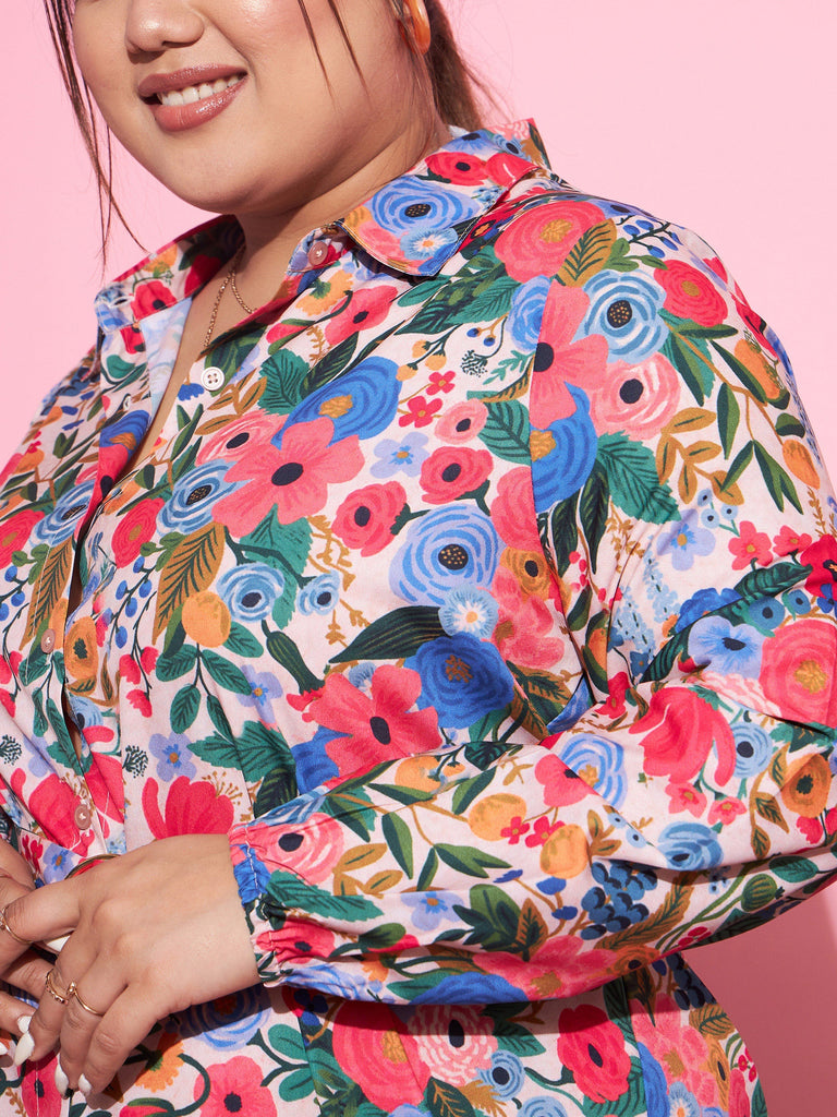 Women's Multi Floral Self Fabric Belted Shirt Dress