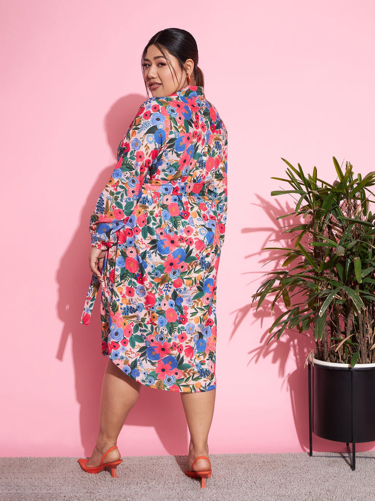 Women's Multi Floral Self Fabric Belted Shirt Dress
