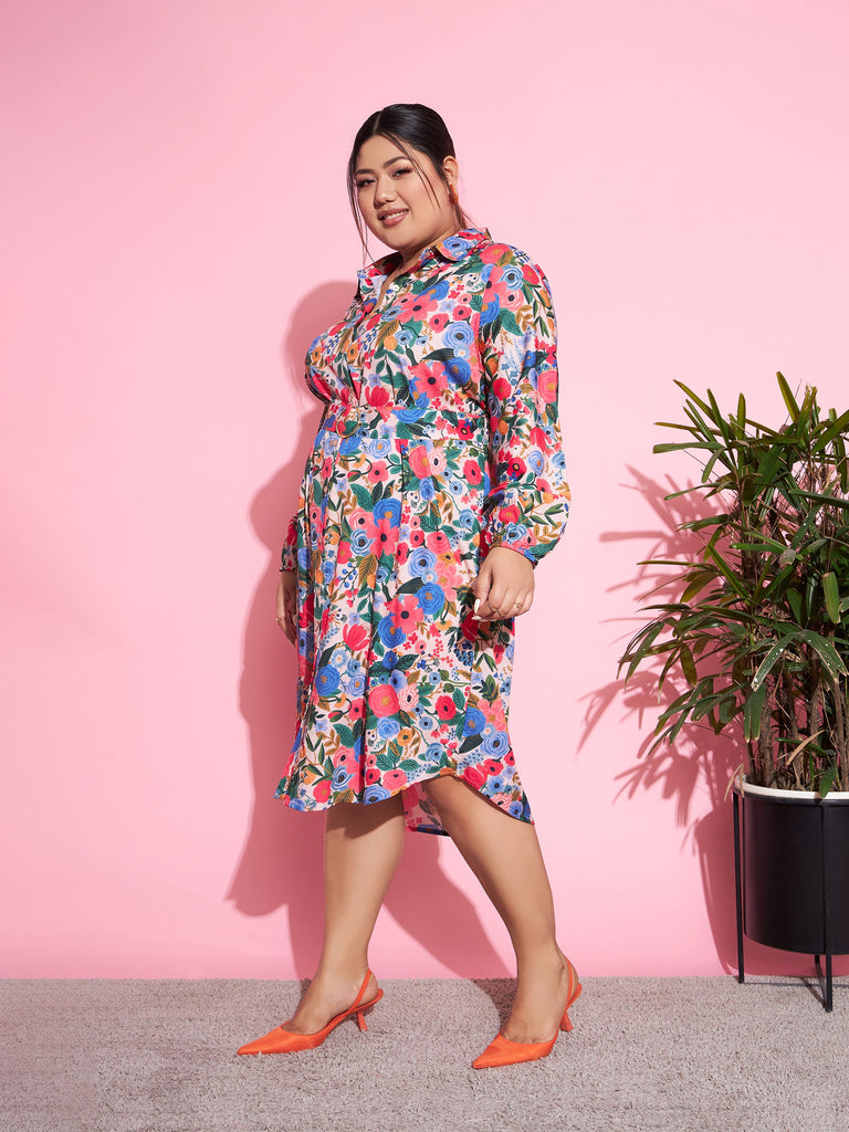 Women's Multi Floral Self Fabric Belted Shirt Dress