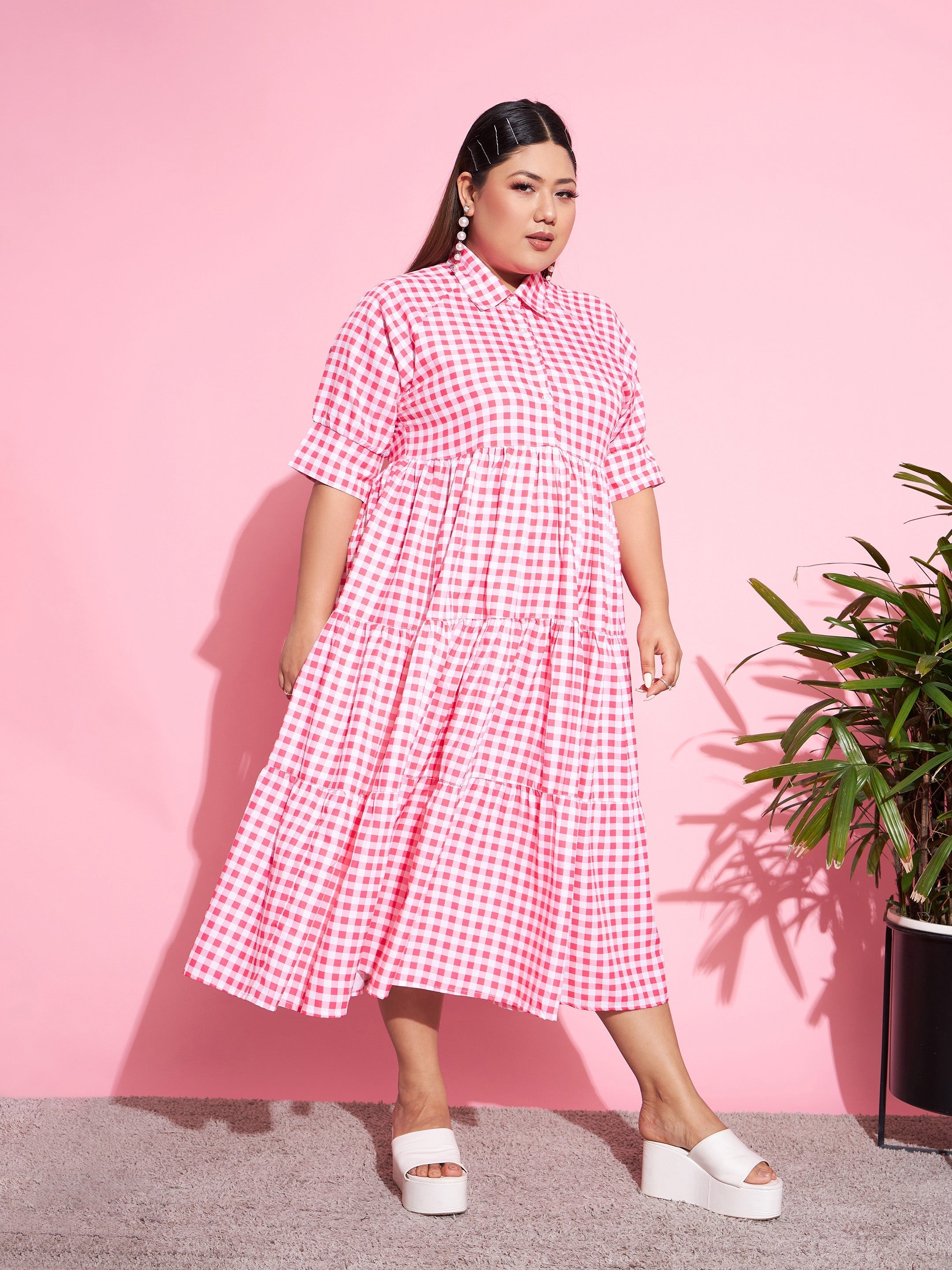 Women's Neon Pink Check Midi Dress - SASSAFRAS