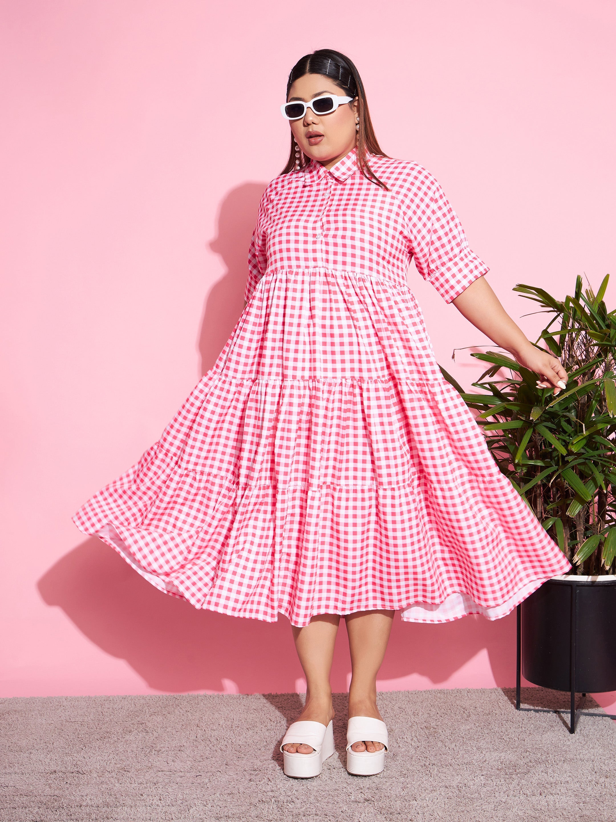 Women's Neon Pink Check Midi Dress - SASSAFRAS