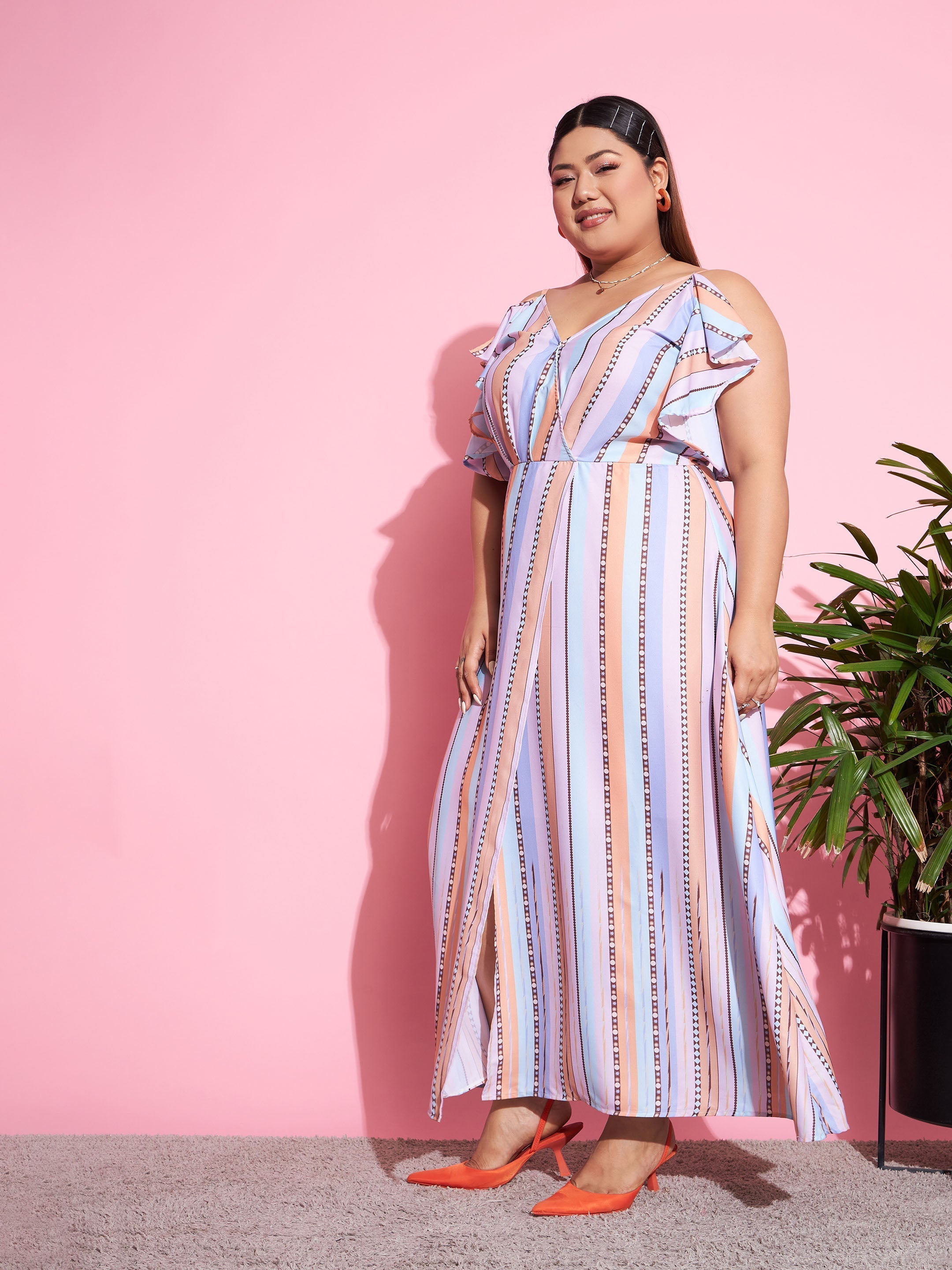 Women's Multi Stripes Front Slit Maxi Dress - SASSAFRAS