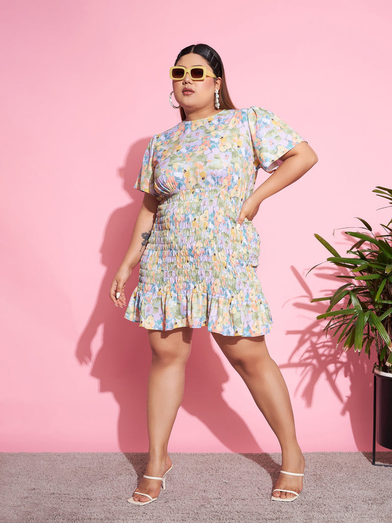 Women's Green Floral Smocked Short Dress