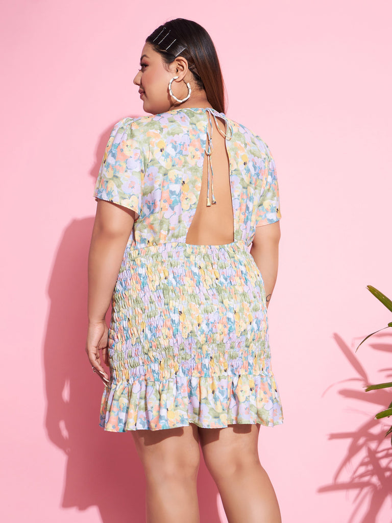Women's Green Floral Smocked Short Dress