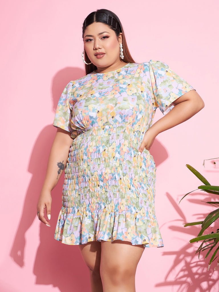 Women's Green Floral Smocked Short Dress