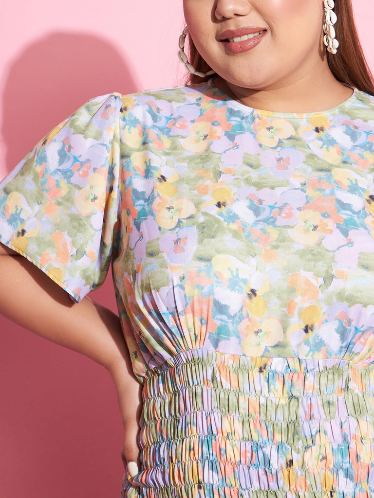 Women's Green Floral Smocked Short Dress