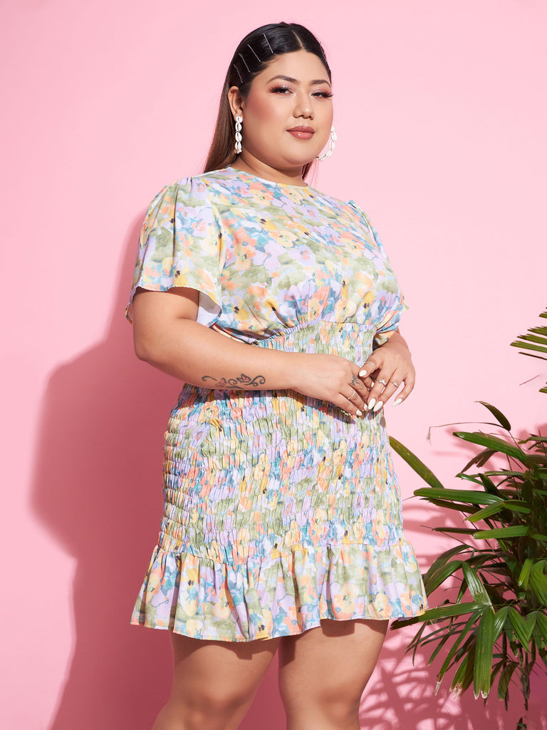 Women's Green Floral Smocked Short Dress