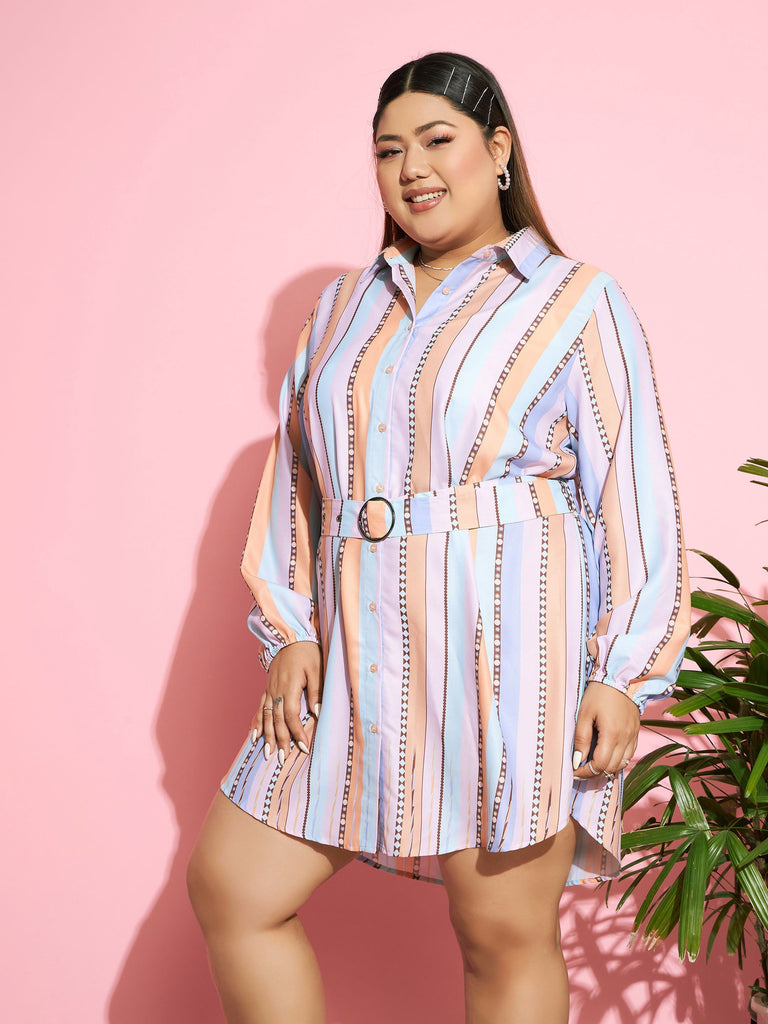 Women's Multi Stripes Belted Shirt Dress