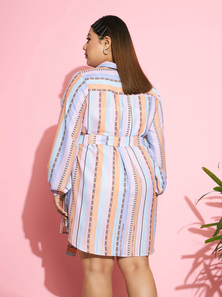 Women's Multi Stripes Belted Shirt Dress