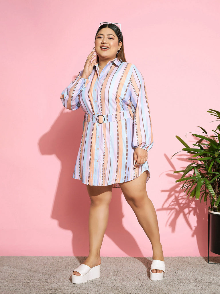 Women's Multi Stripes Belted Shirt Dress