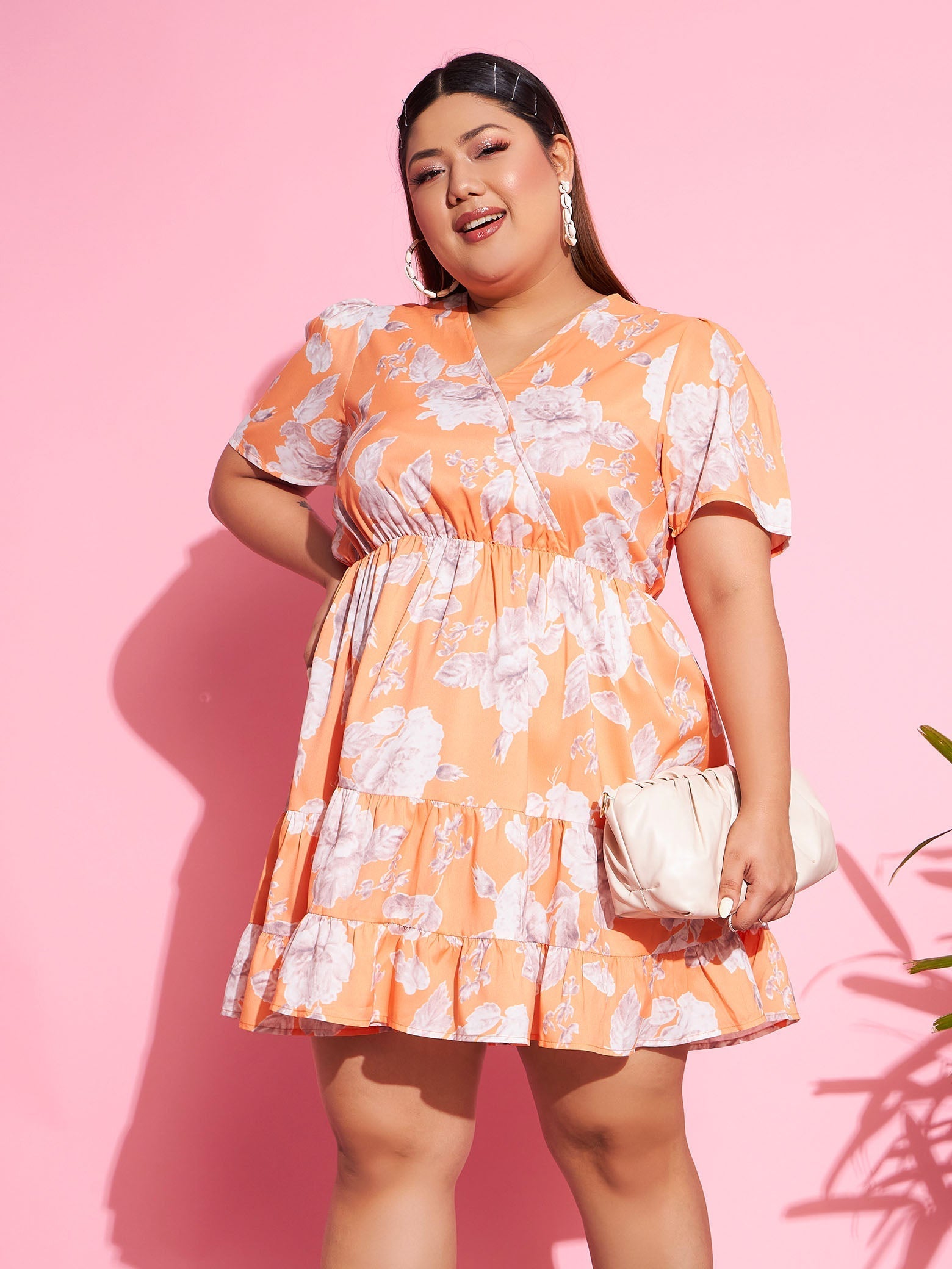 Women's Orange Floral Short Wrap Dress