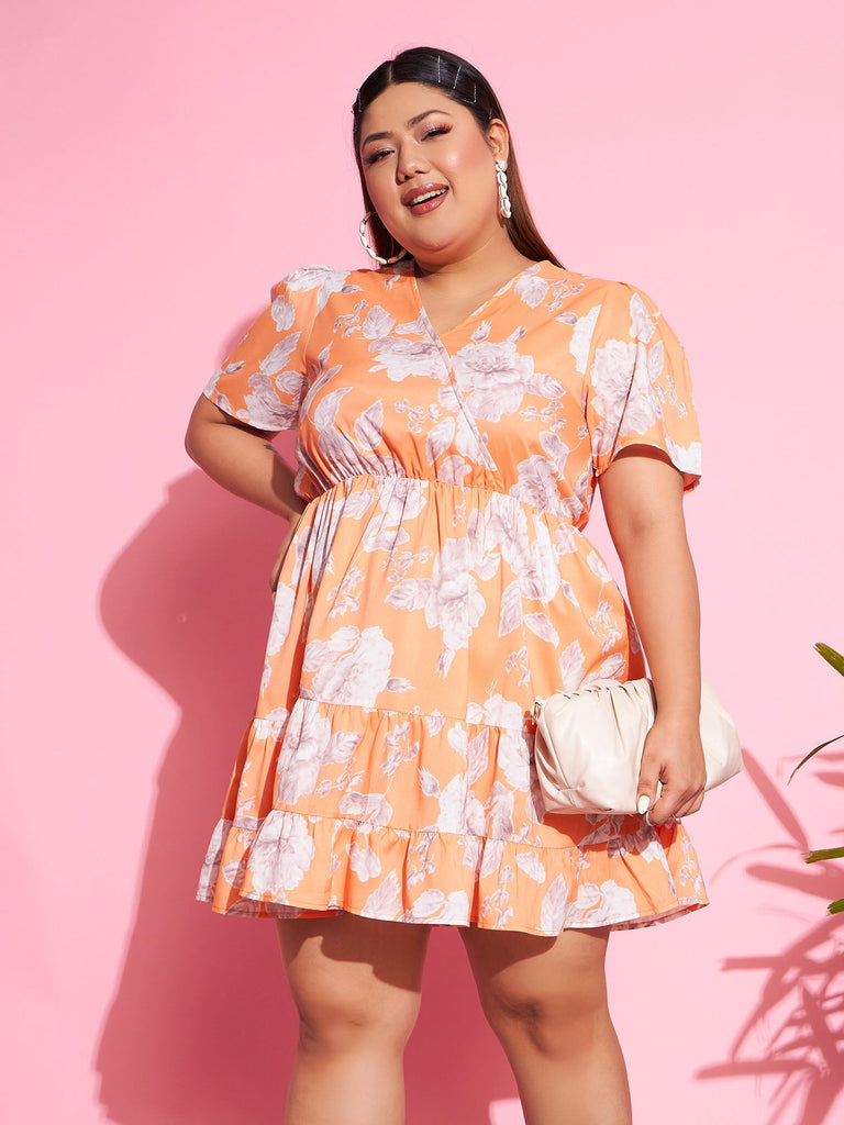 Women's Orange Floral Short Wrap Dress