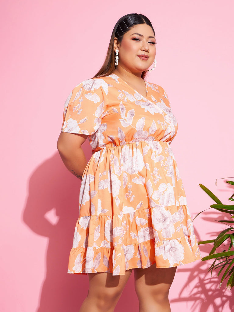 Women's Orange Floral Short Wrap Dress