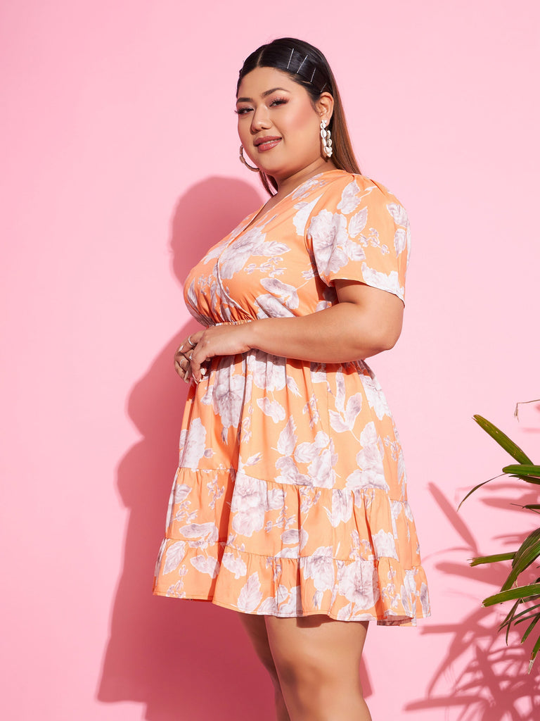 Women's Orange Floral Short Wrap Dress