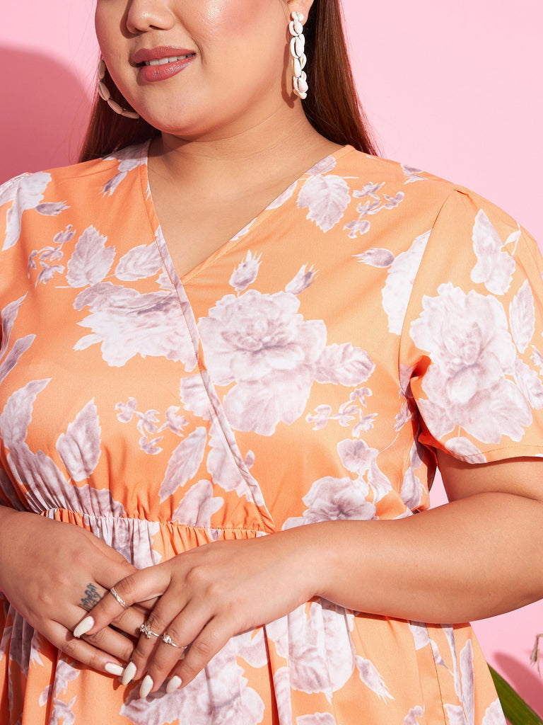 Women's Orange Floral Short Wrap Dress