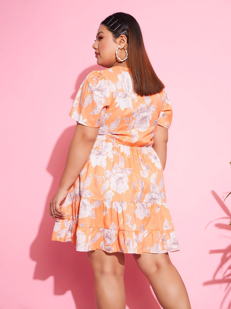 Women's Orange Floral Short Wrap Dress