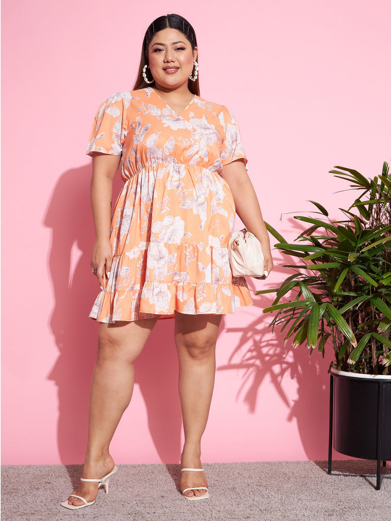 Women's Orange Floral Short Wrap Dress