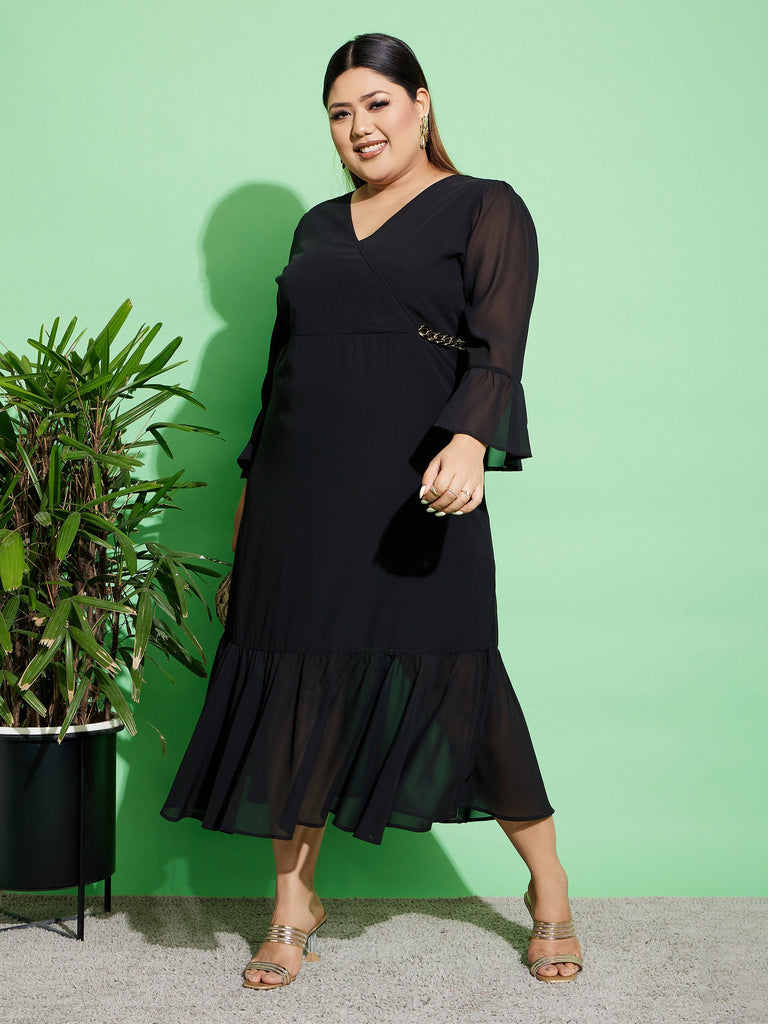 Women's Black Chain Detail Wrap Dress