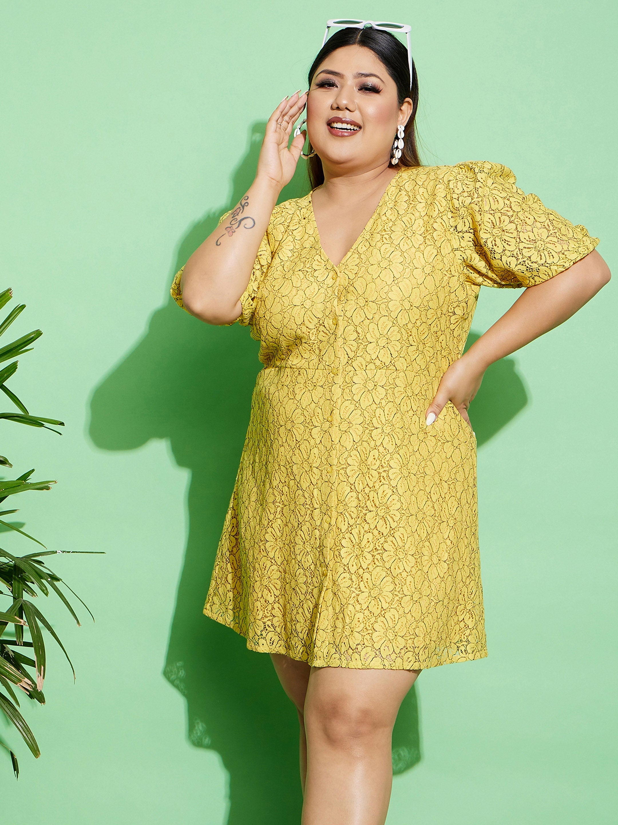 Women's Yellow Lace Front Button Dress - SASSAFRAS