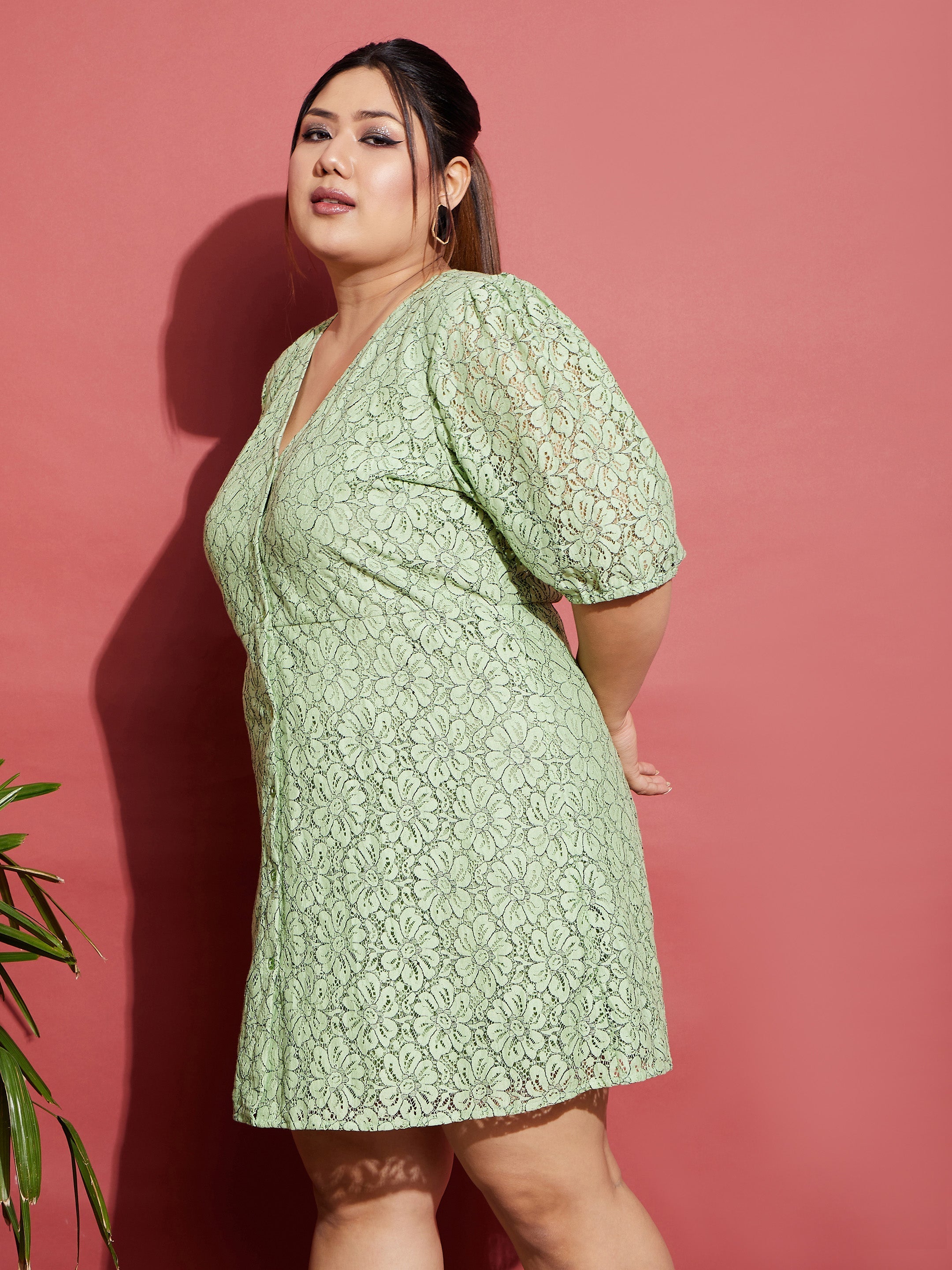 Women's Green Lace Front Button Dress - SASSAFRAS