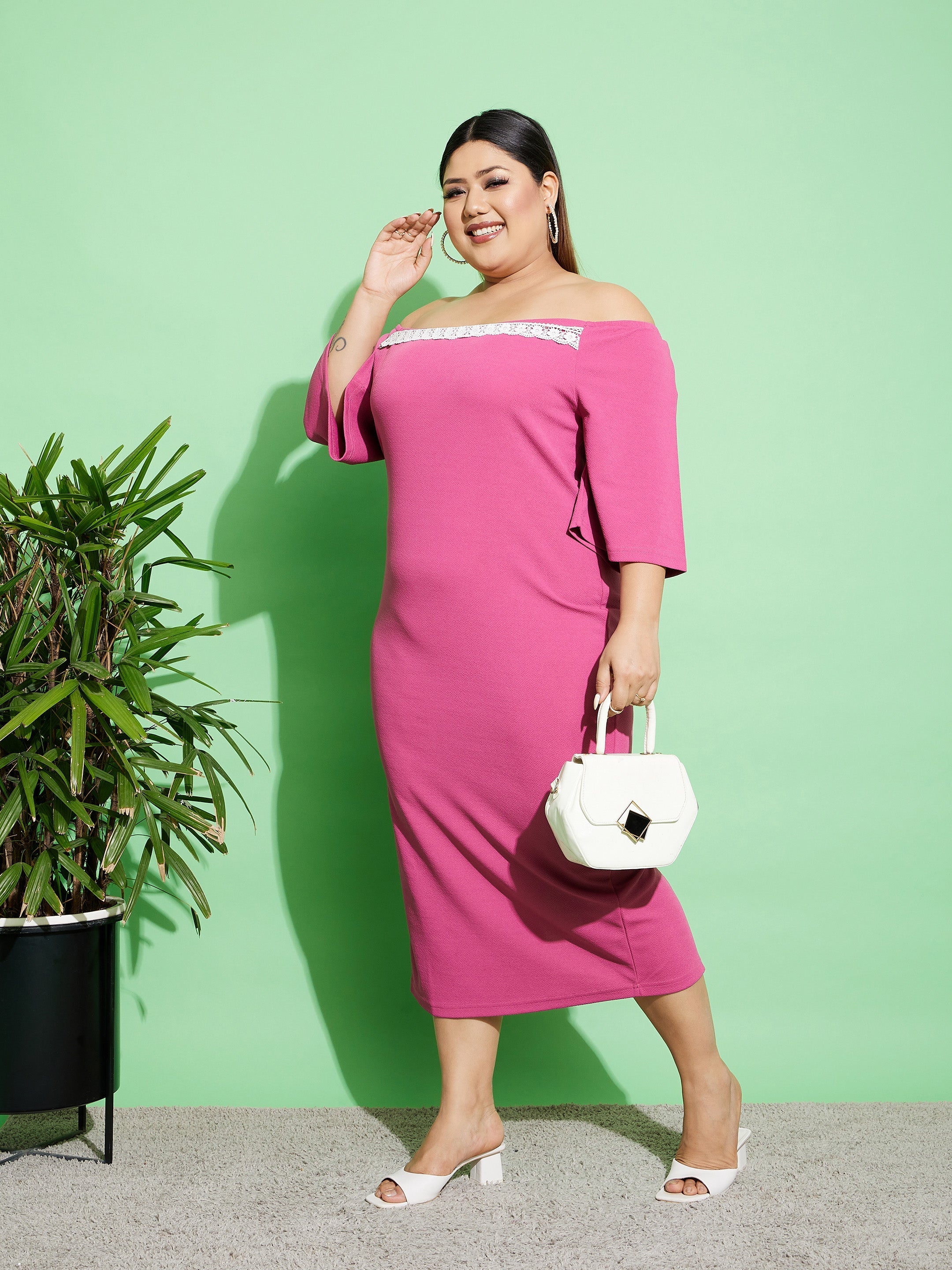 Women's Pink Off Shoulder Bodycon Midi Dress - SASSAFRAS