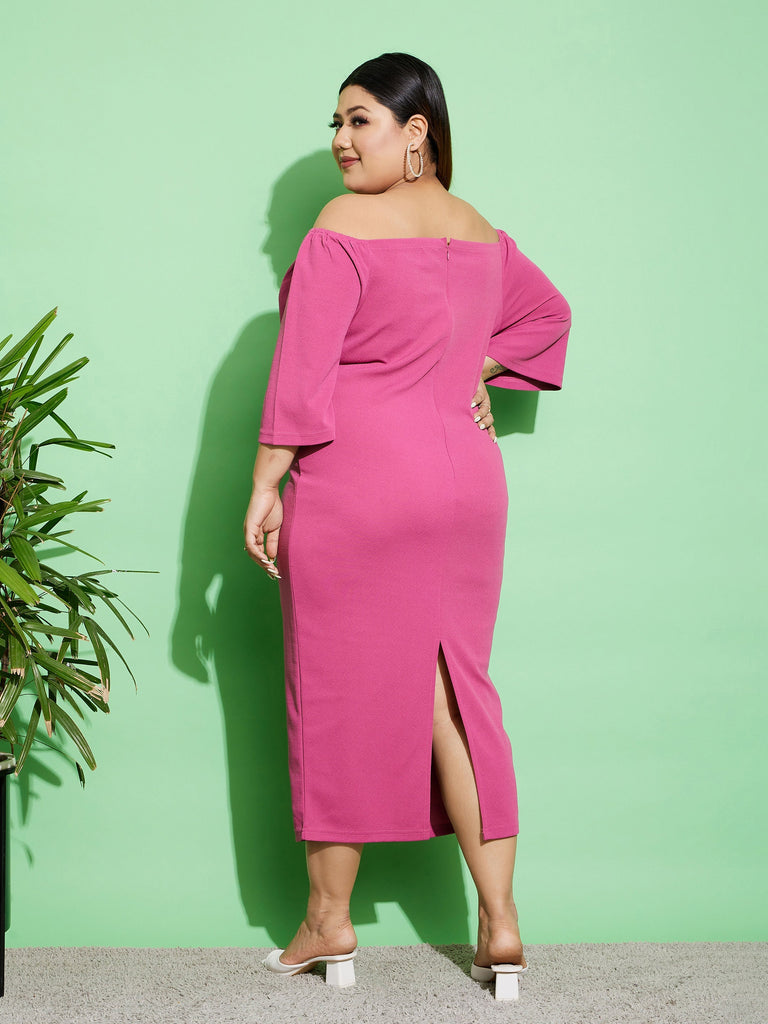 Women's Pink Off Shoulder Bodycon Midi Dress