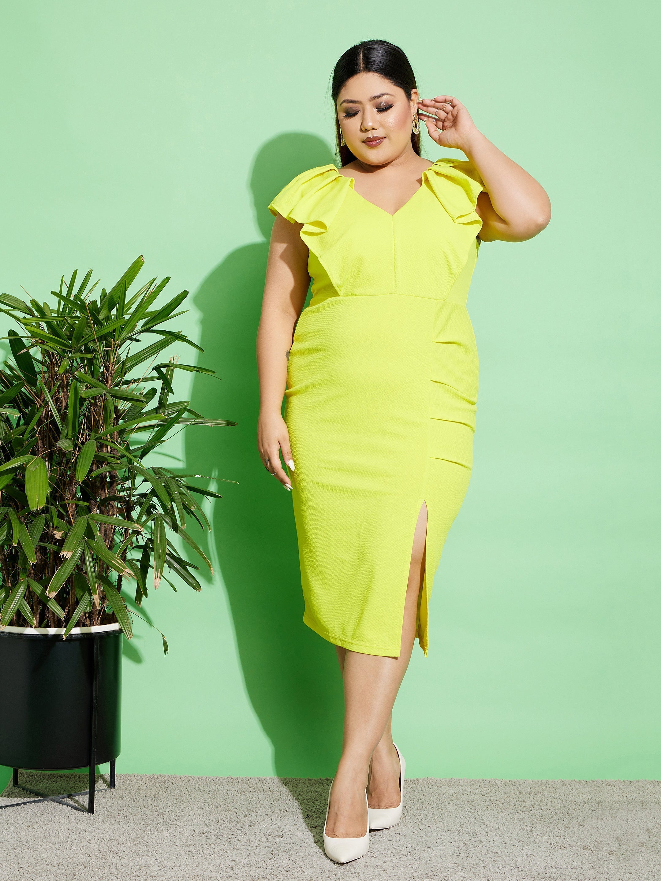 Women's Neon Yellow Ruffled Body Slit Bodycon Midi Dress - SASSAFRAS