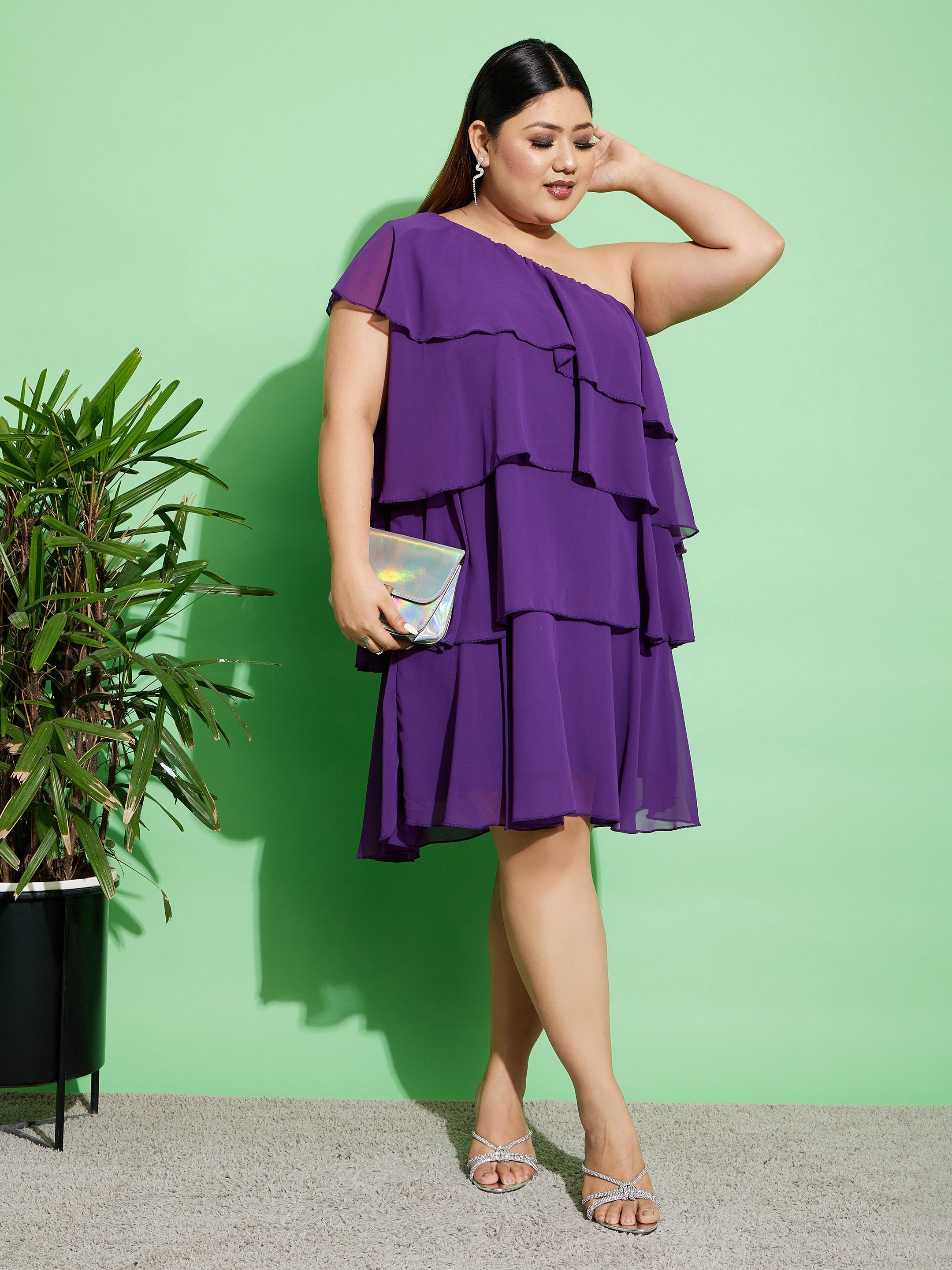 Women's Purple One Shoulder Frill Dress - SASSAFRAS