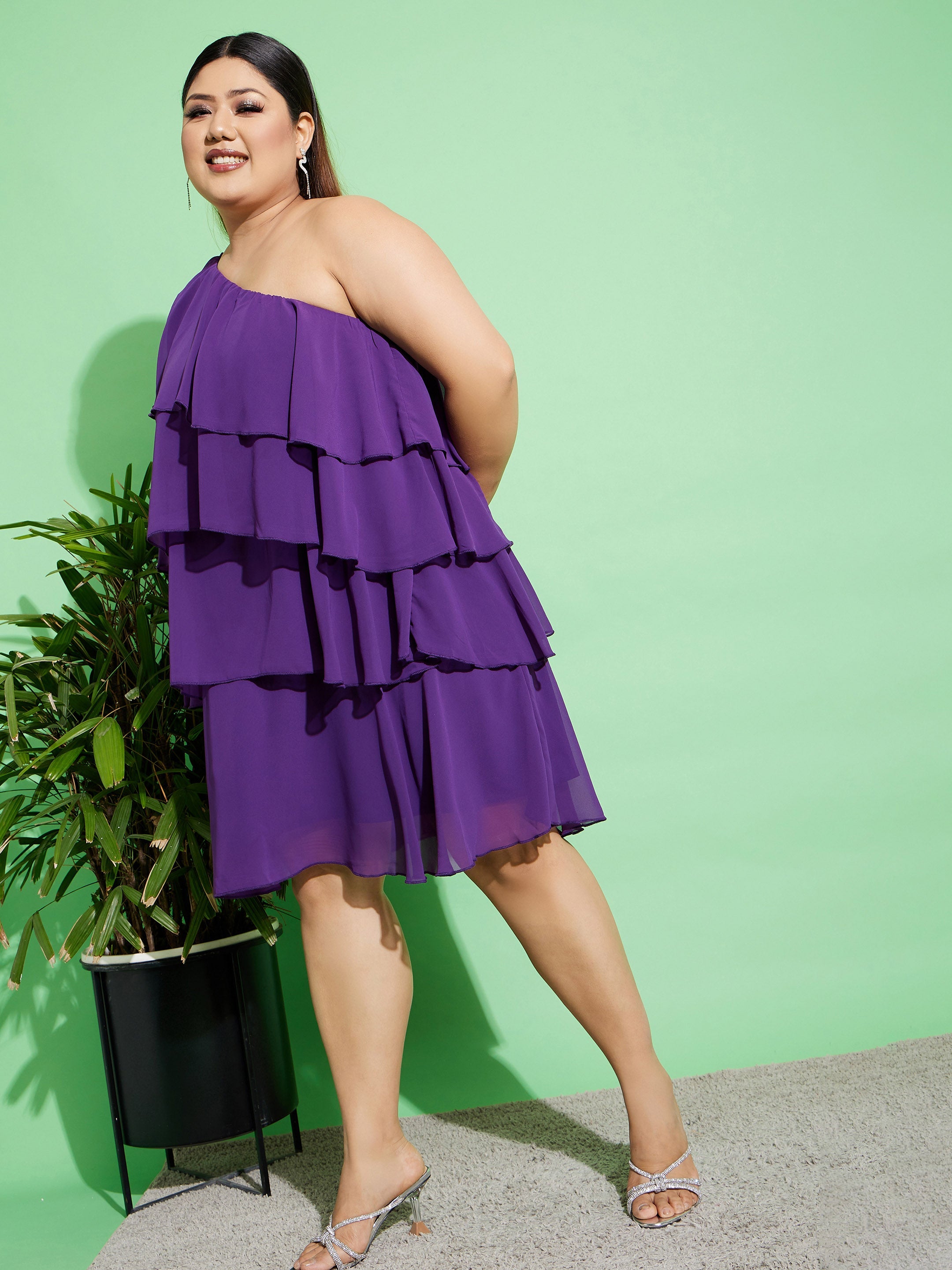 Women's Purple One Shoulder Frill Dress - SASSAFRAS