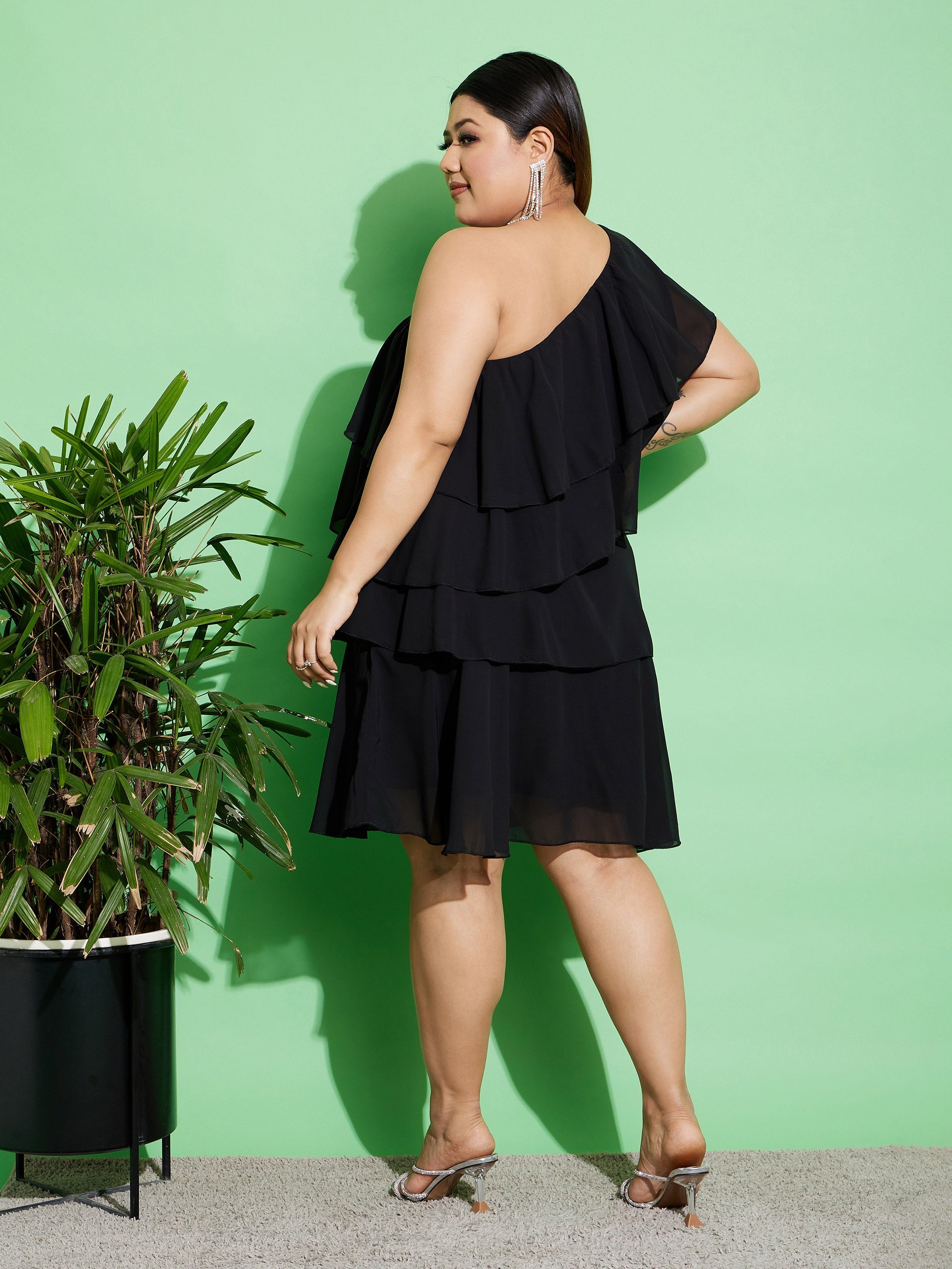 Women's Black One Shoulder Frill Dress - SASSAFRAS