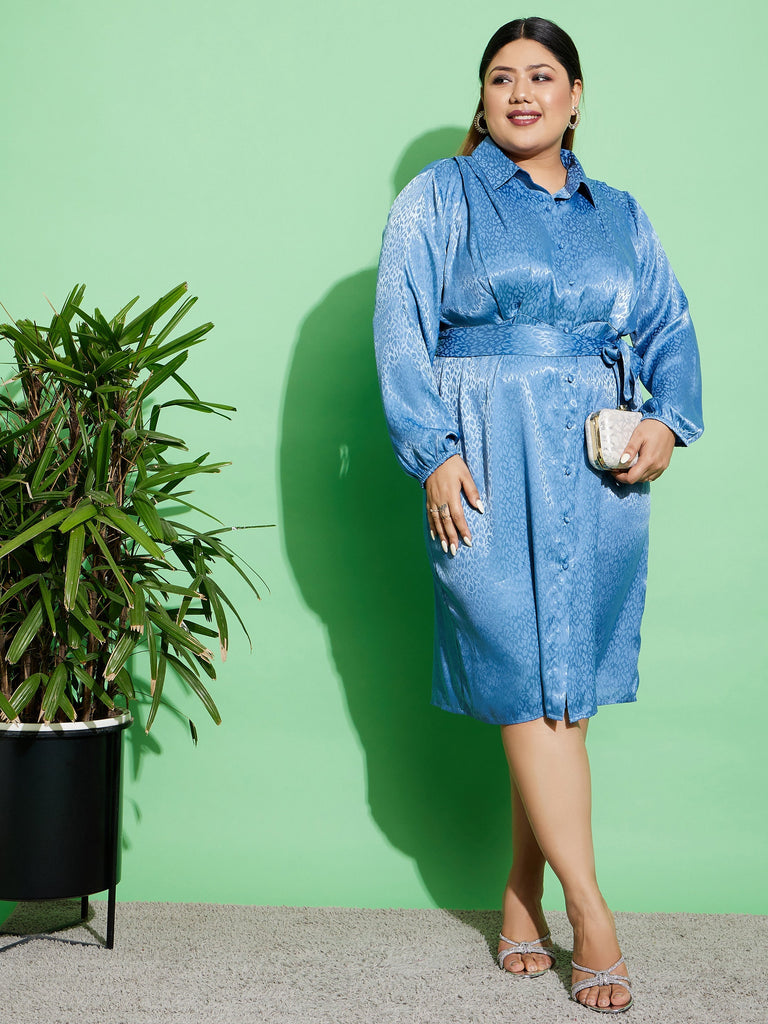 Women's Blue Satin Jacquard Belted Shirt Dress
