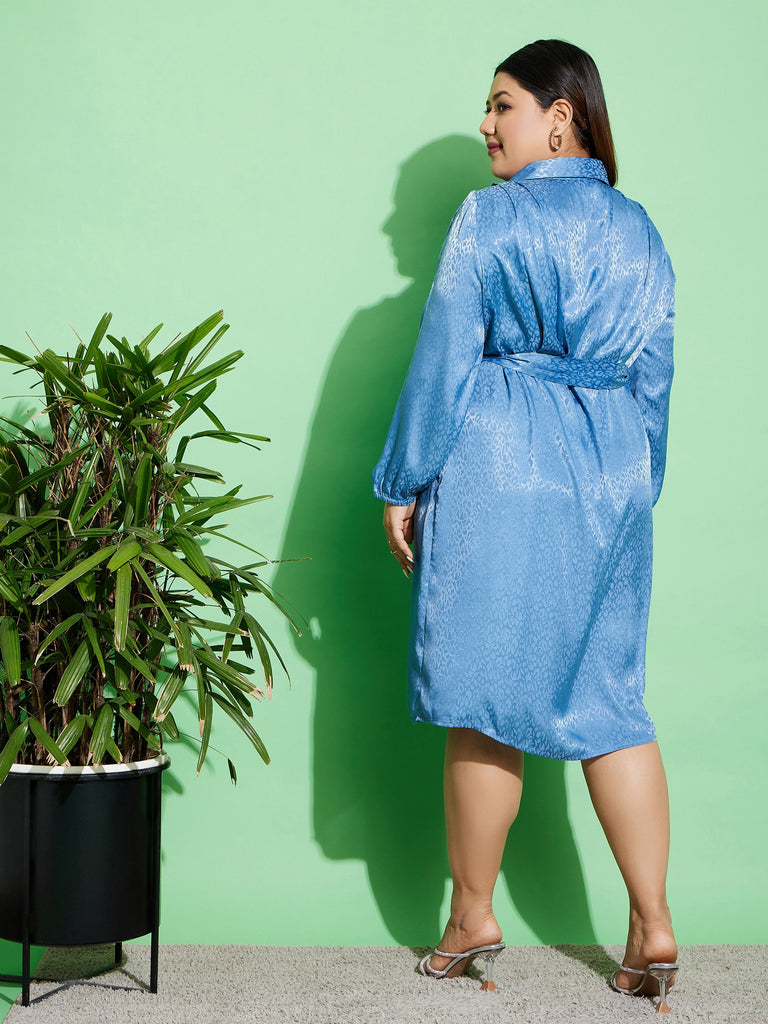Women's Blue Satin Jacquard Belted Shirt Dress