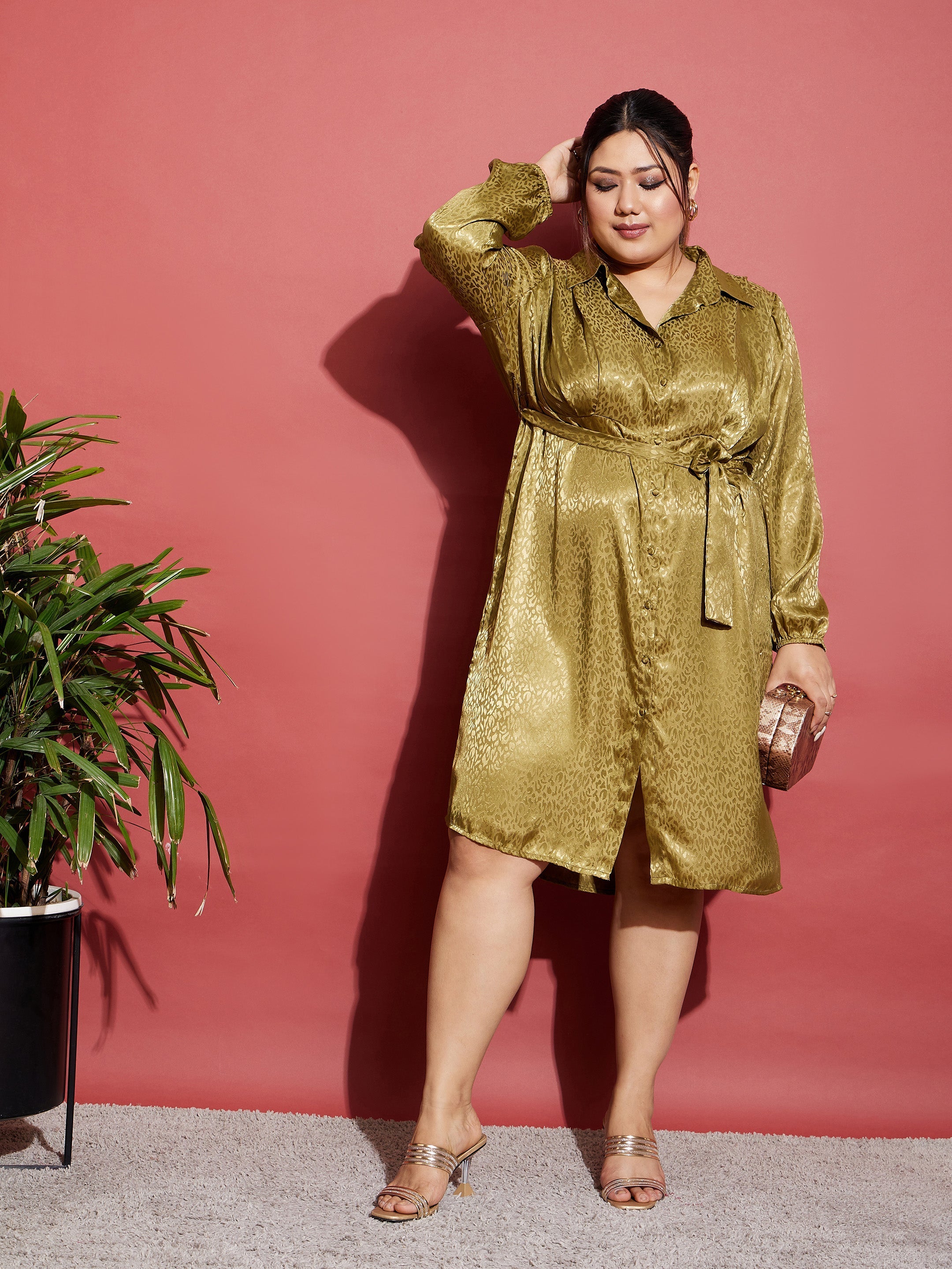 Women's Olive Satin Jacquard Belted Shirt Dress Trendia Women's Olive Satin Jacquard Belted Shirt Dress Trendia