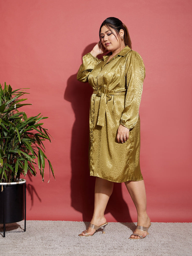Women's Olive Satin Jacquard Belted Shirt Dress