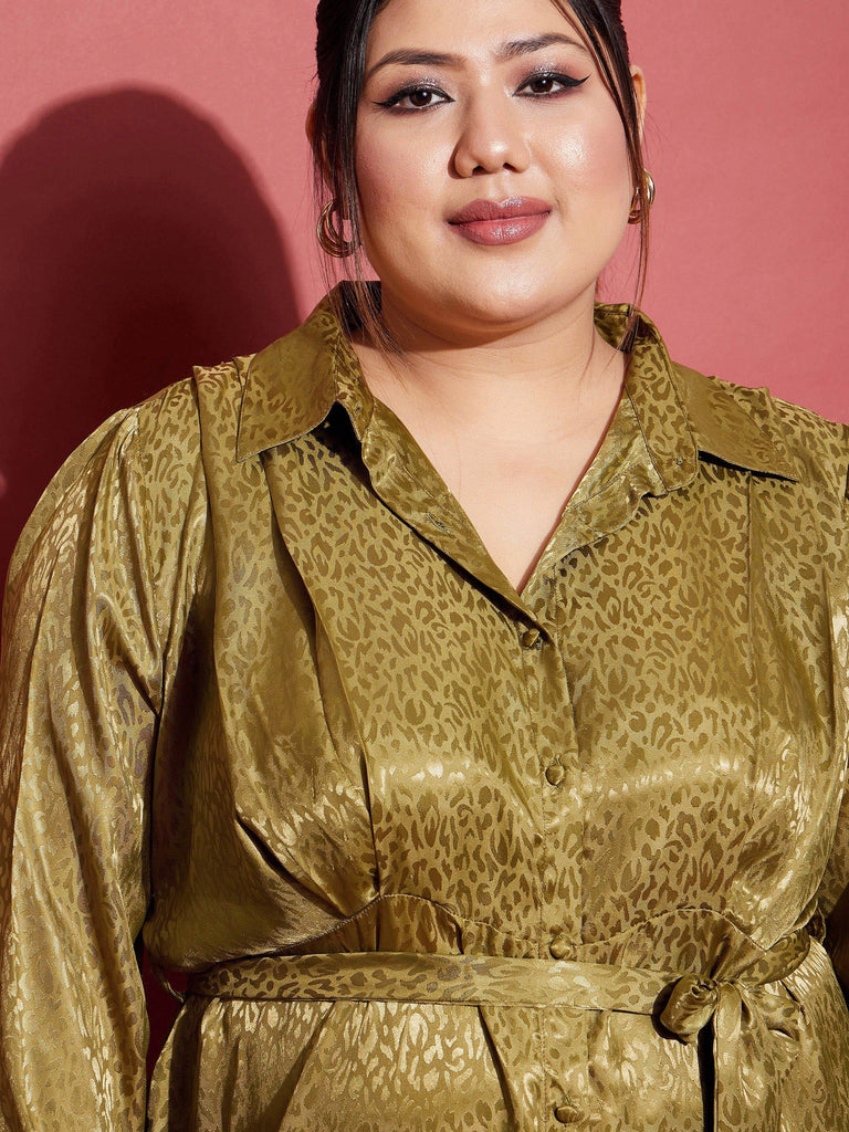 Women's Olive Satin Jacquard Belted Shirt Dress