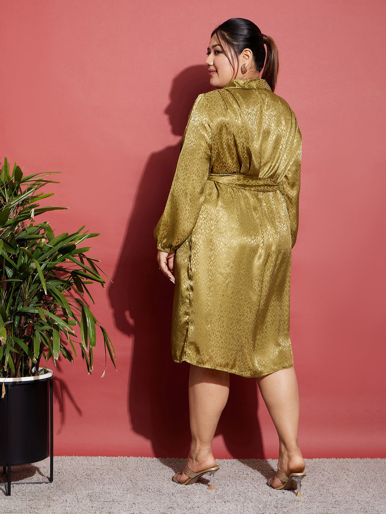 Women's Olive Satin Jacquard Belted Shirt Dress