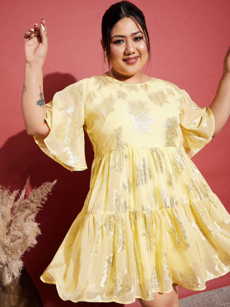 Women's Yellow Jacquard Tiered Dress